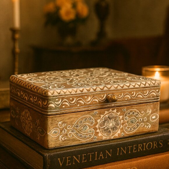 NWT Vintage Large Wooden Hand Carved Ornate Indian Keepsake Box - Picture 2 of 12